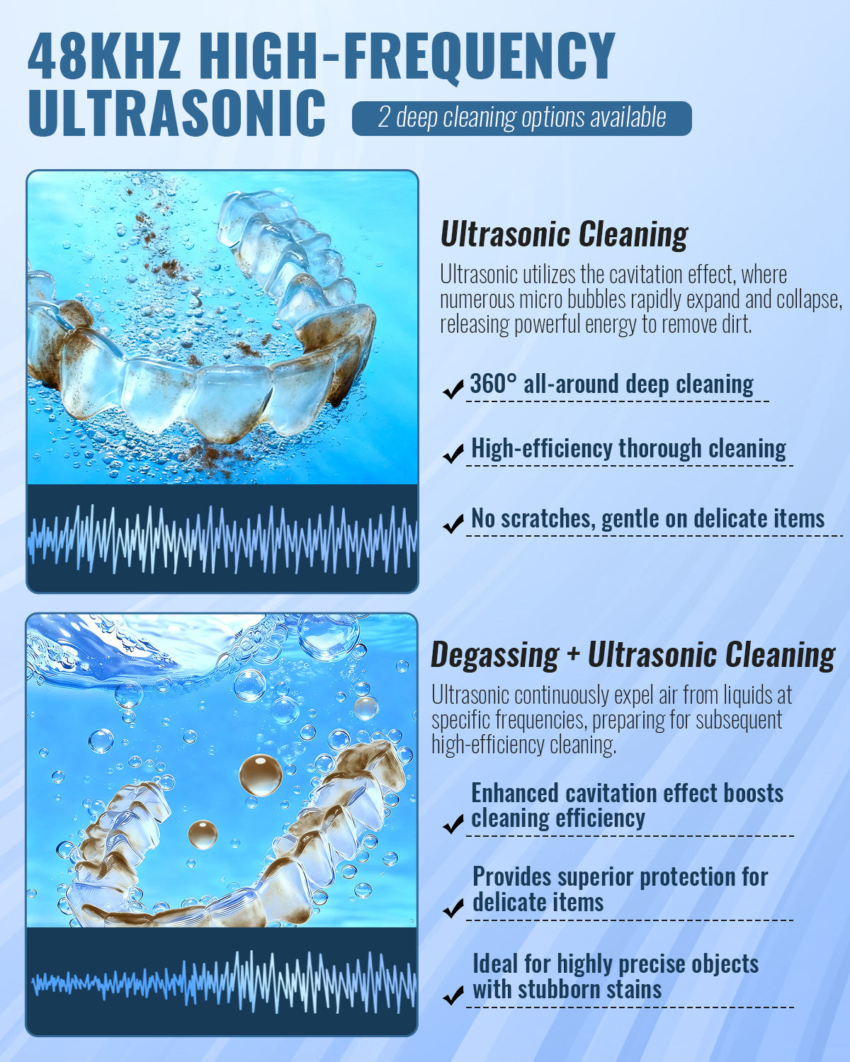 48kHz ultrasonic and degassing mode infographic illustrated with a dental appliance