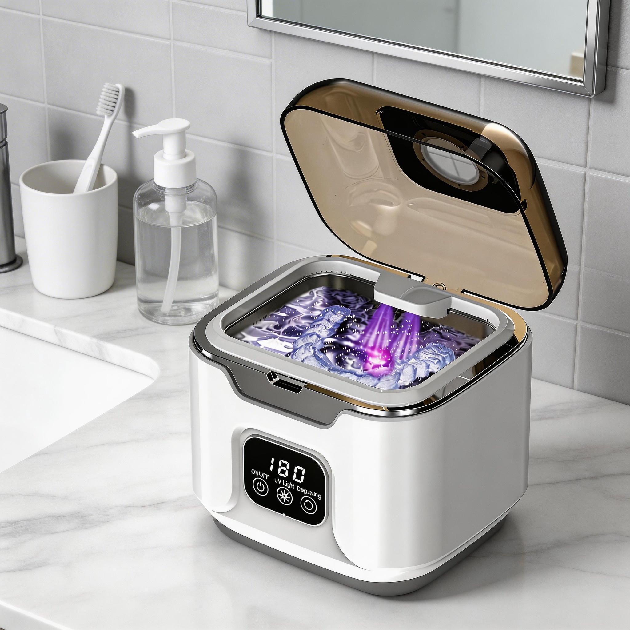 Open white ultrasonic cleaner with a dental appliance in the illuminated stainless-steel tank