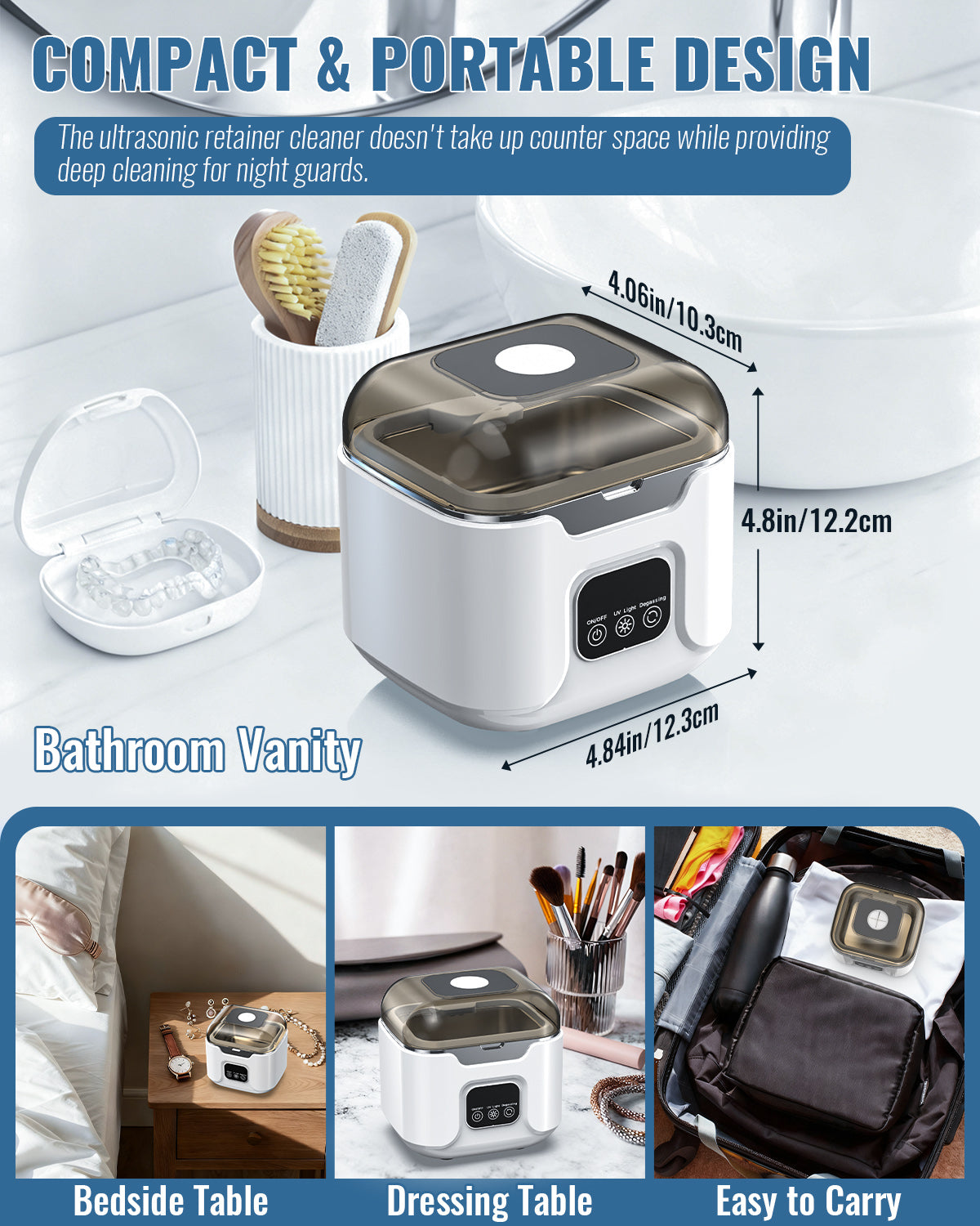 Compact ultrasonic cleaner shown for bathroom, bedside and travel use