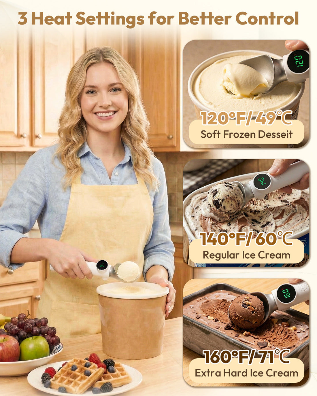 Heated ice cream scoop with three settings for different frozen desserts