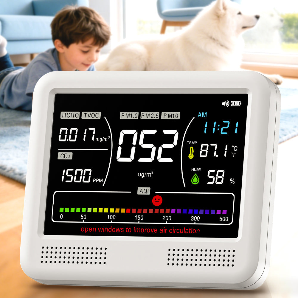 Indoor air quality monitor display showing CO2, particles, temperature, humidity and AQI
