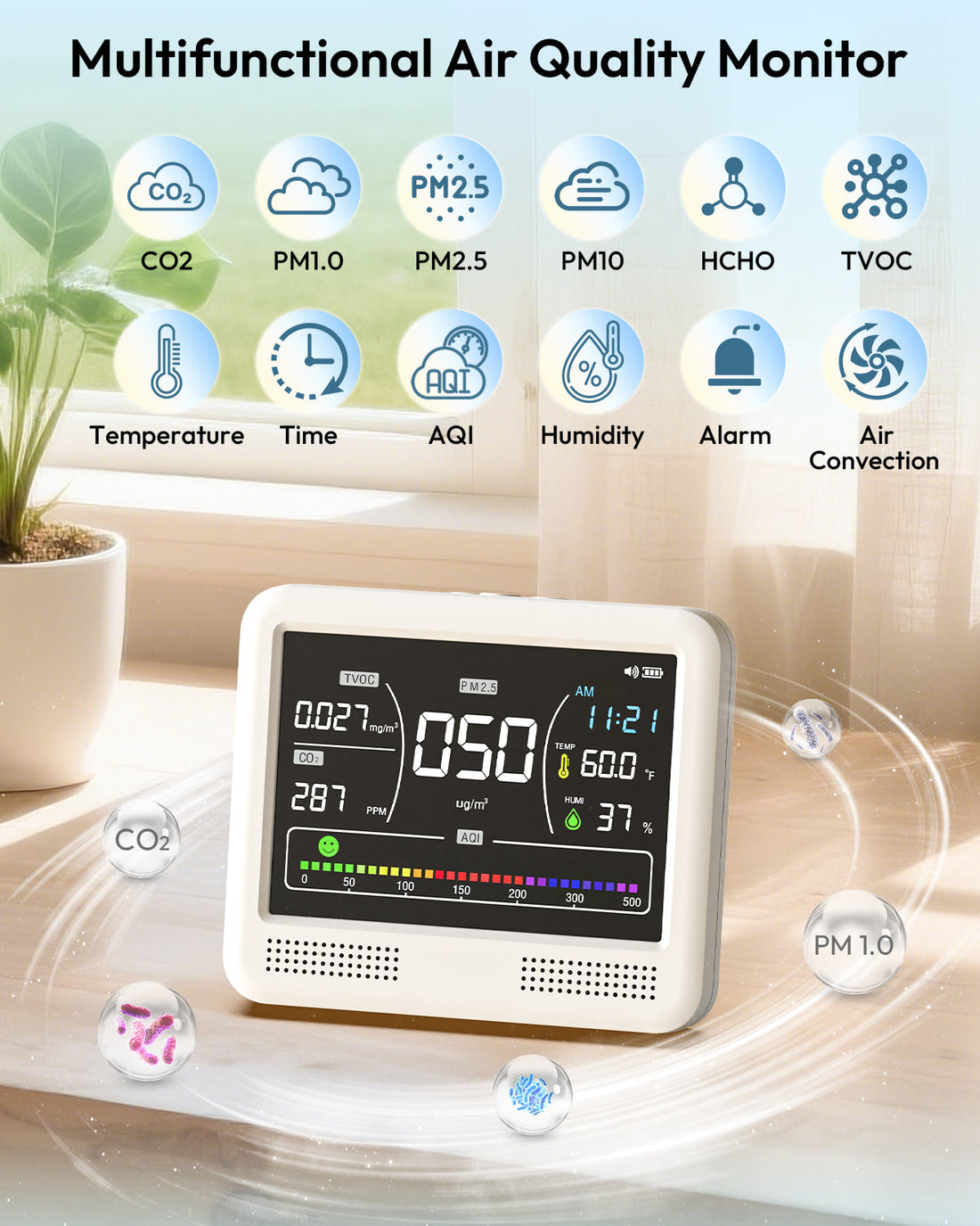 Air monitor feature infographic for CO2, particles, HCHO, TVOC, temperature and humidity