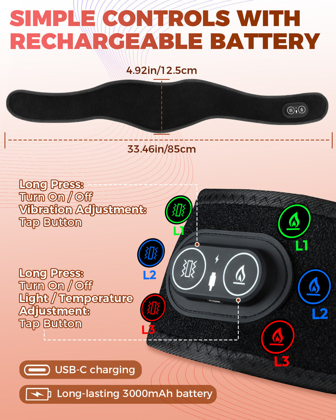 Neck wrap dimensions and controls for light, vibration, heat and USB-C charging