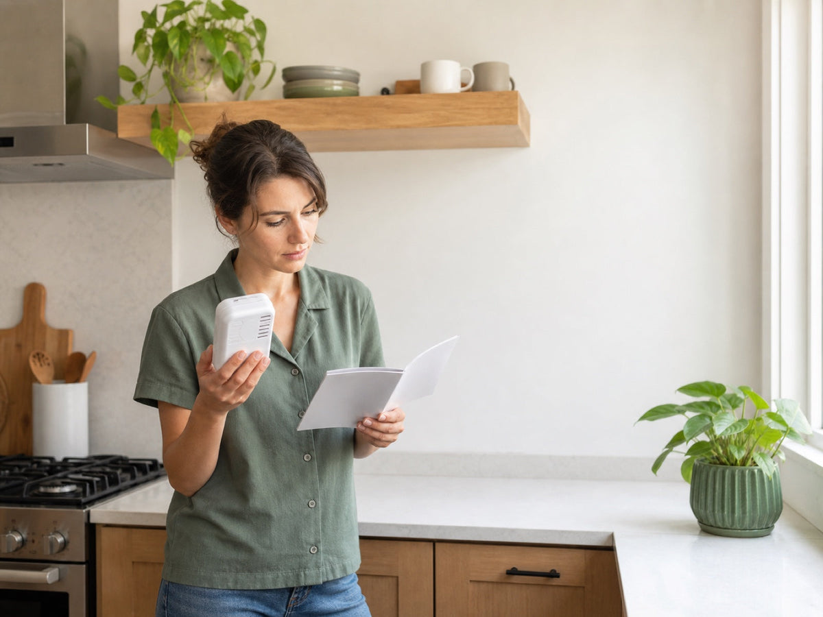 Homeowner reading detector instructions before choosing an installation location