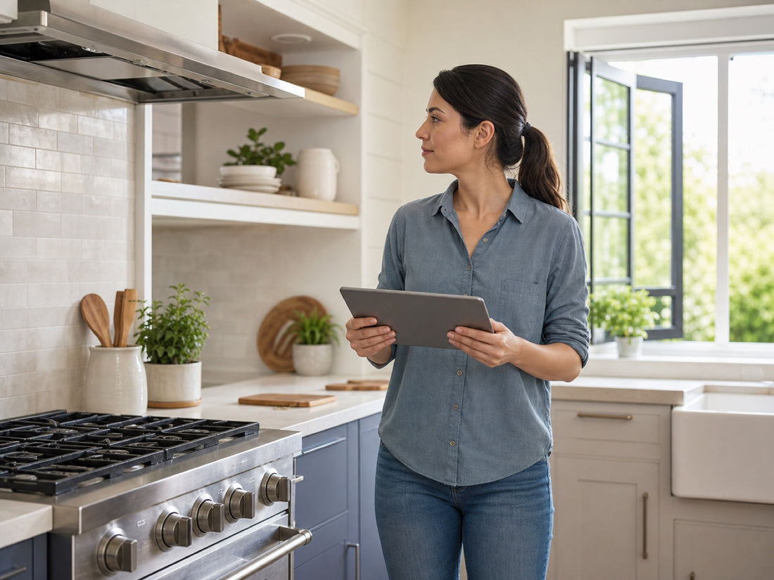Homeowner reviewing kitchen gas safety with the stove off and window open