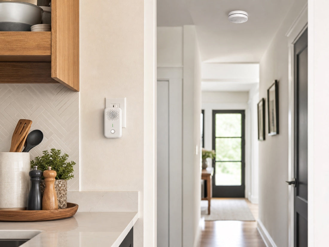 Plug-in gas detector in a kitchen beside a ceiling-mounted smoke alarm