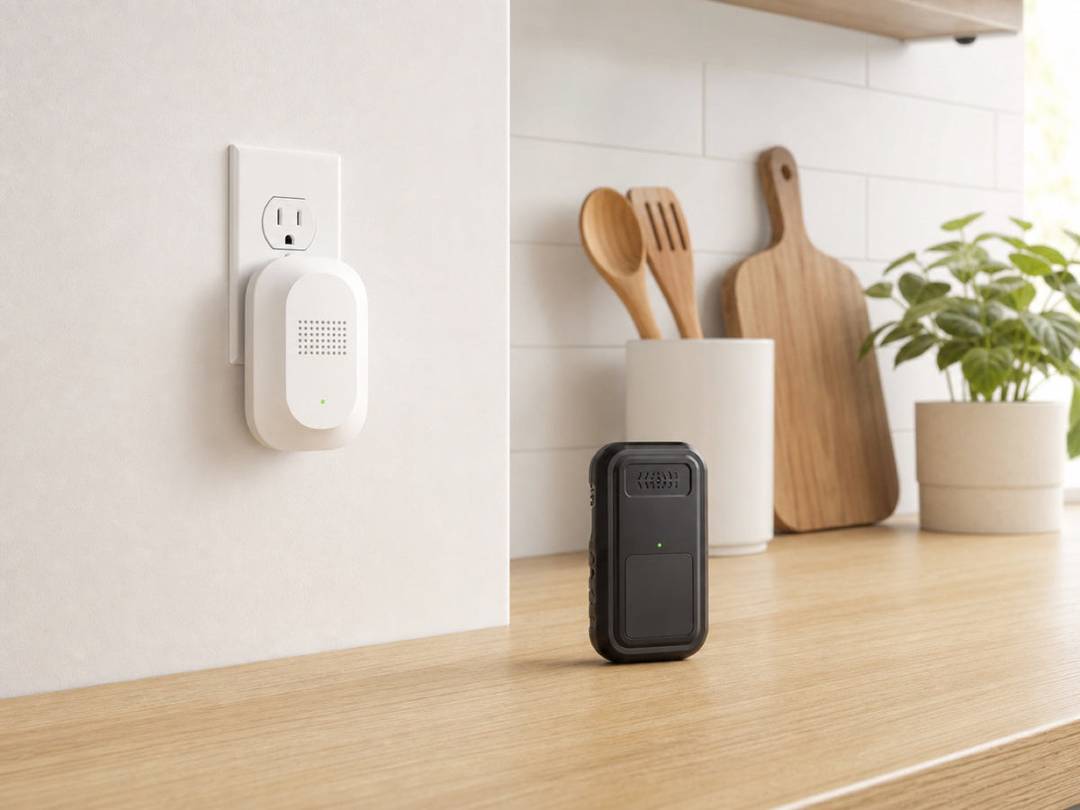 Plug-in and portable gas detector formats shown in a home kitchen