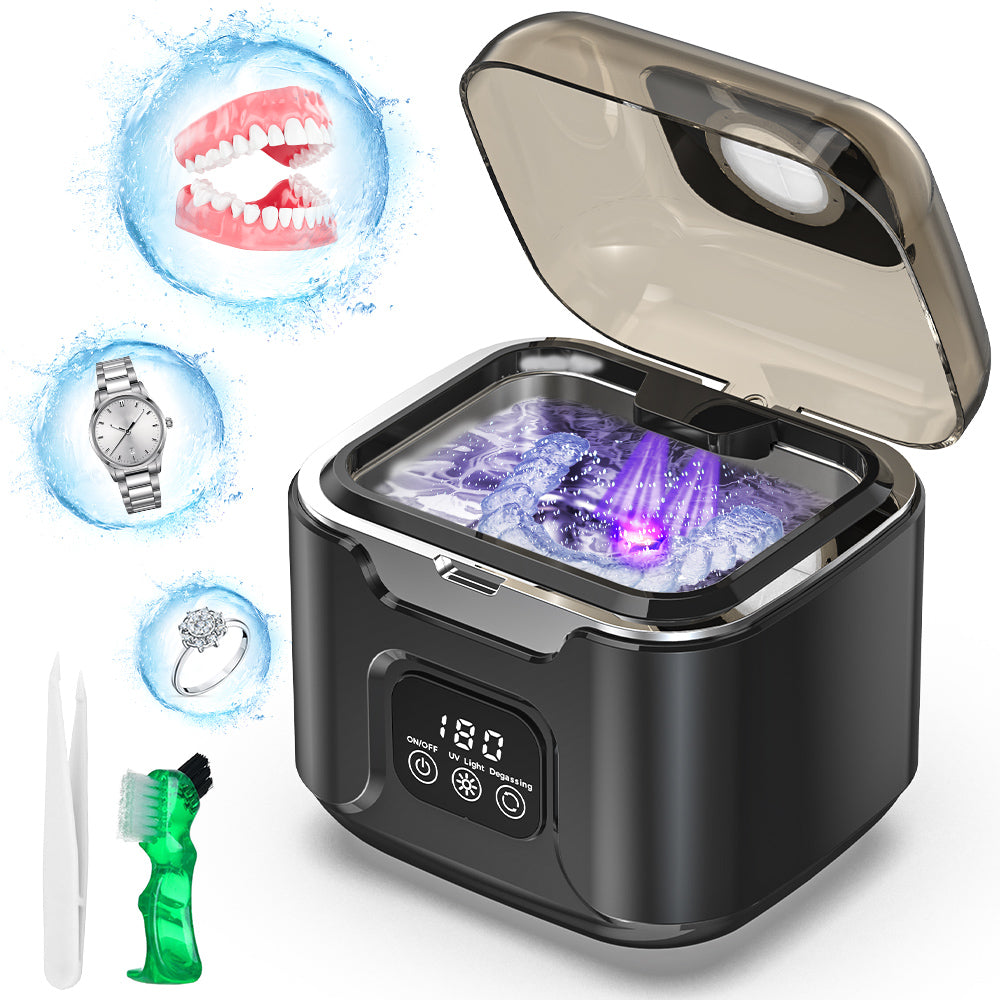 Black ultrasonic cleaner with open tank, dental appliance, brush and tweezers