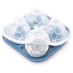 Blue and white four-cavity soccer ball ice mold with one finished ice ball