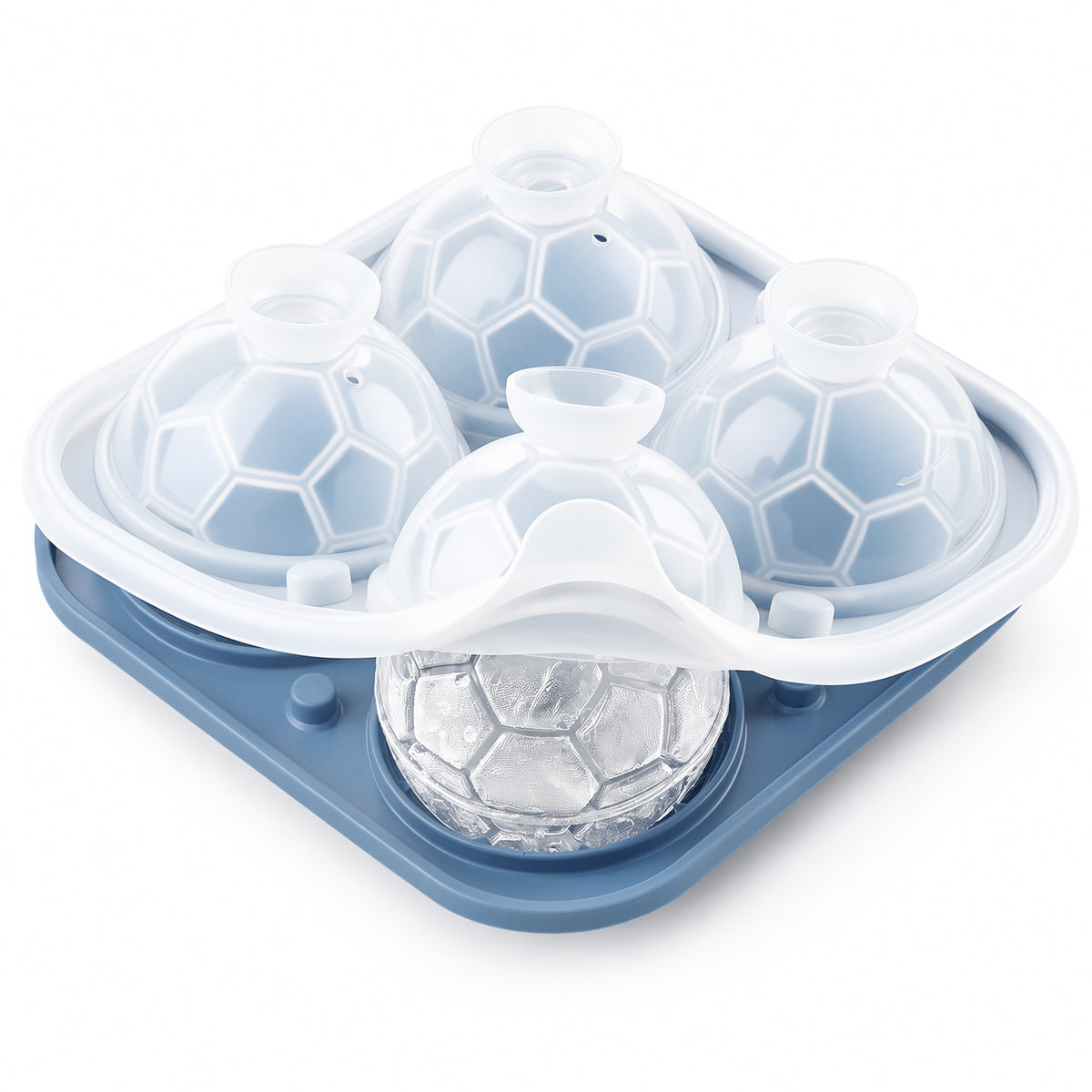 Blue and white four-cavity soccer ball ice mold with one finished ice ball