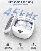45kHz ultrasonic cleaning infographic showing a retainer in the open stainless-steel tank