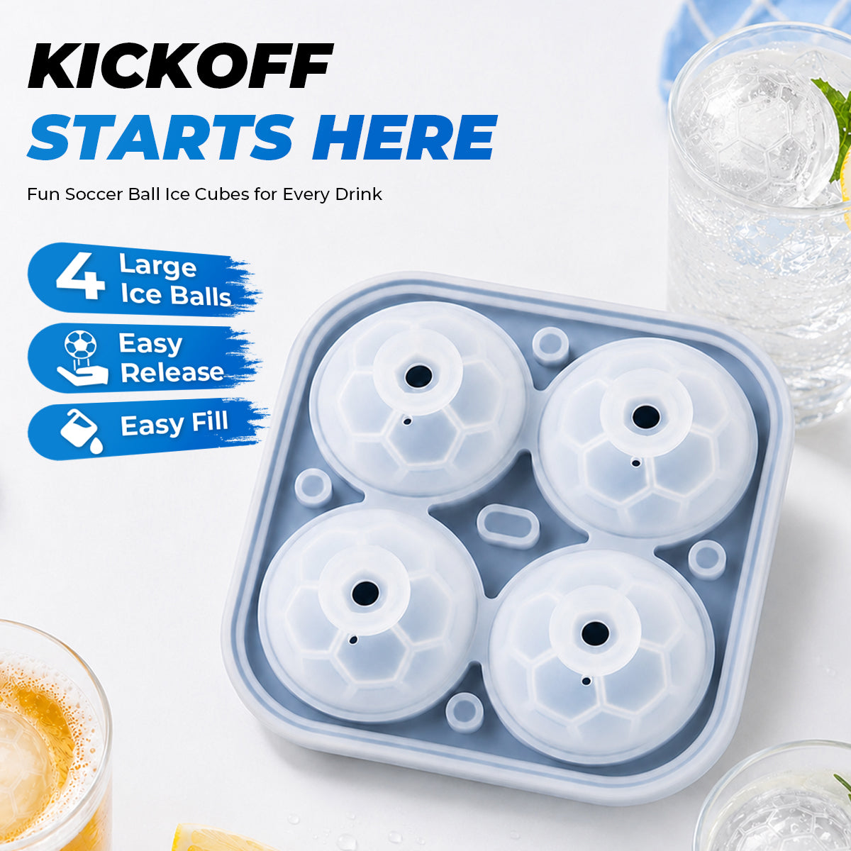 Four-cavity soccer ball ice mold beside drinks with feature callouts