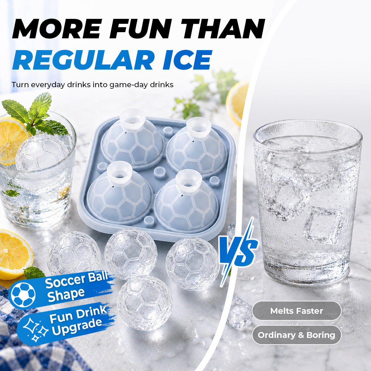 Soccer ball ice cubes and mold shown beside regular ice in cold drinks
