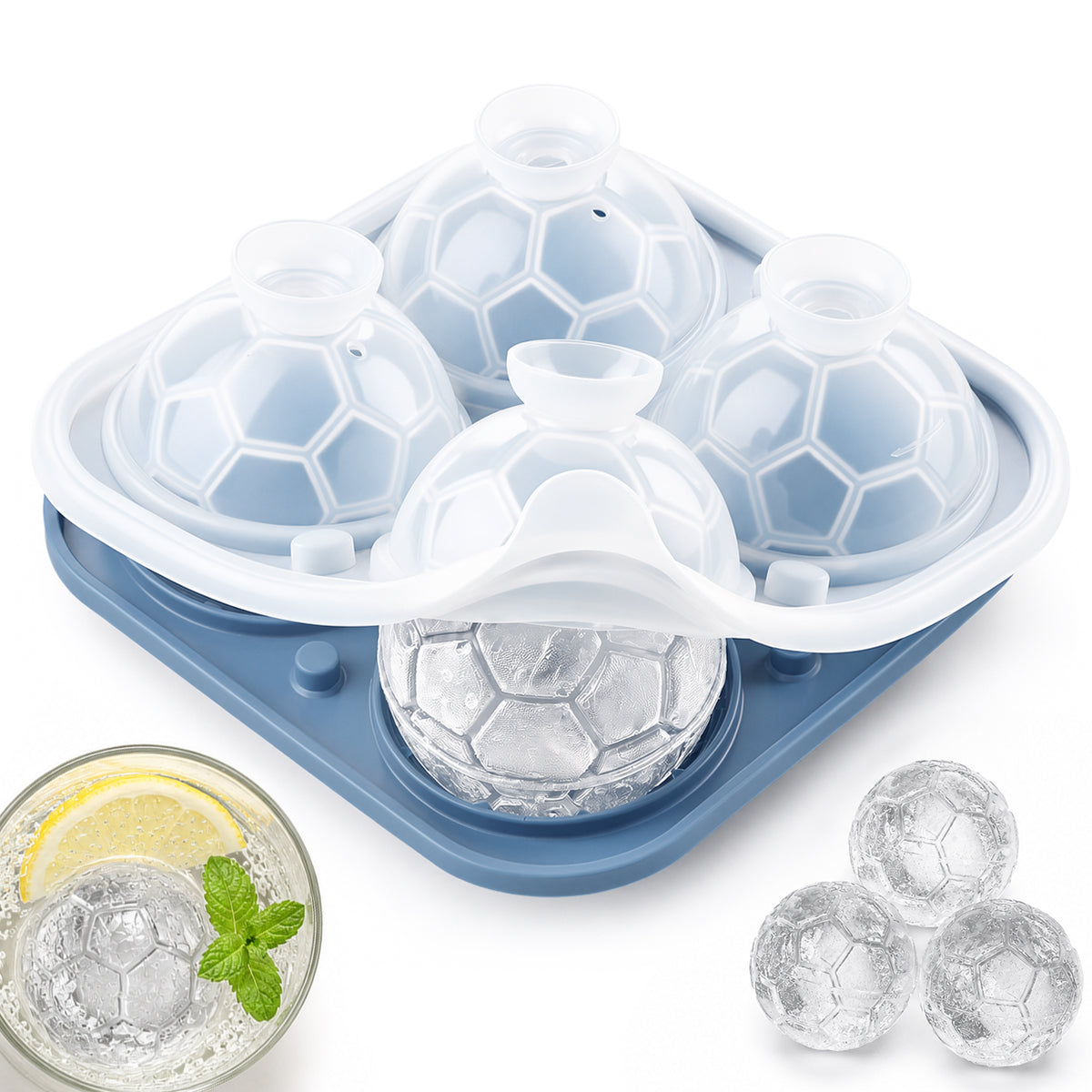 Blue four-cavity soccer ball ice mold with finished ice balls and a cold drink
