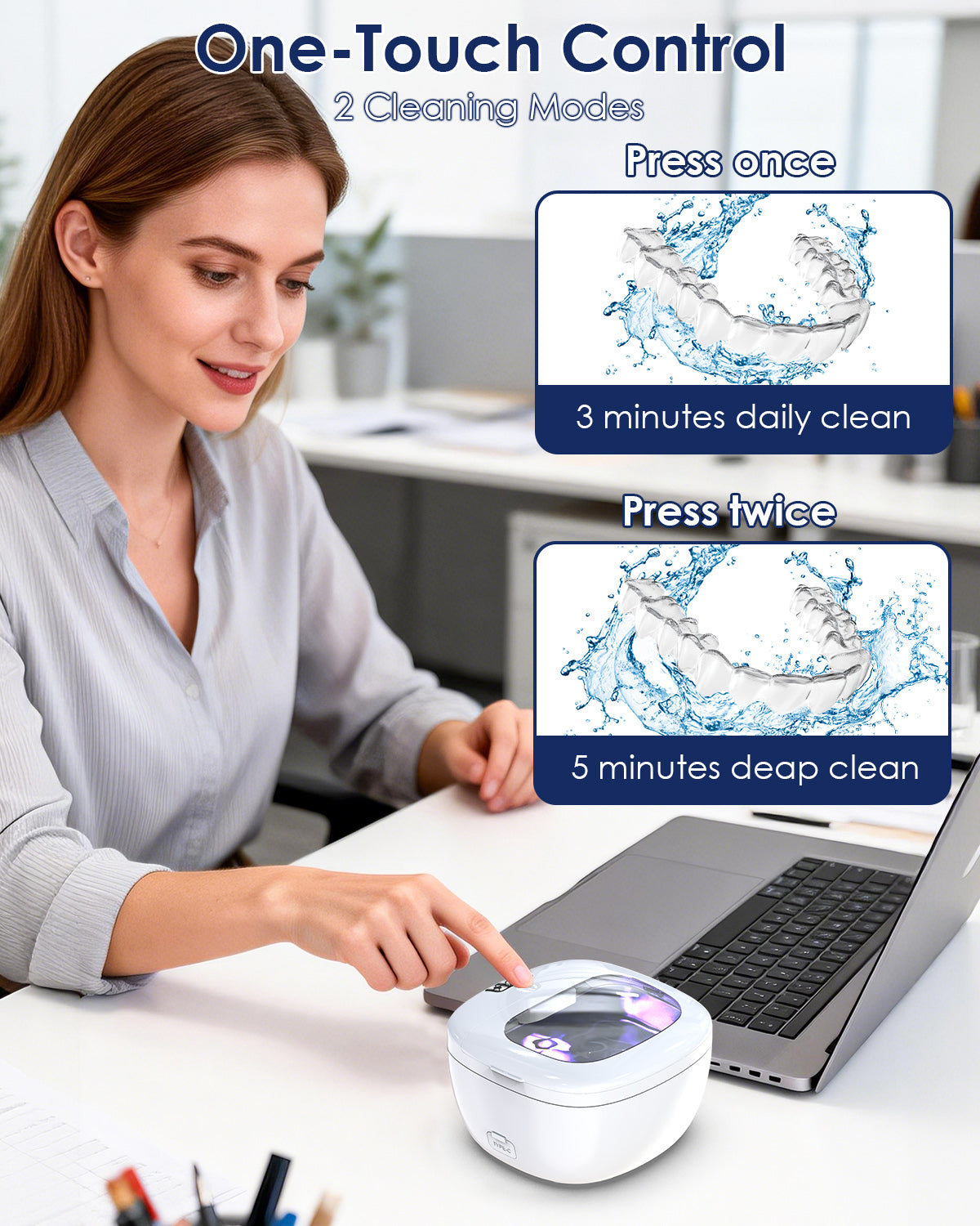 One-touch control infographic showing 3-minute and 5-minute cleaning cycles