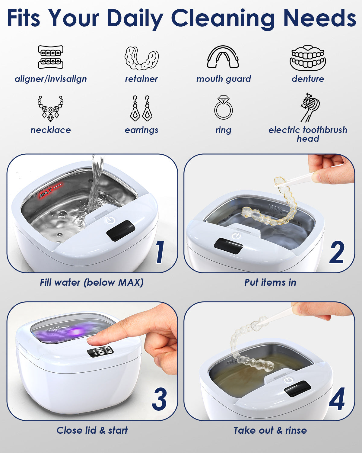 45kHz Portable Ultrasonic Retainer Cleaner – Denture, Aligner & Mouth Guard Cleaning Pod