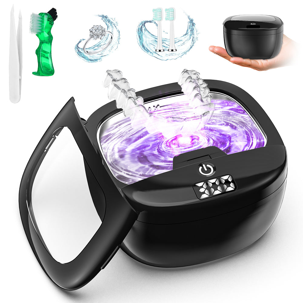 Black dental device with purple liquid, surrounded by images of a toothbrush, dental floss, and a container.