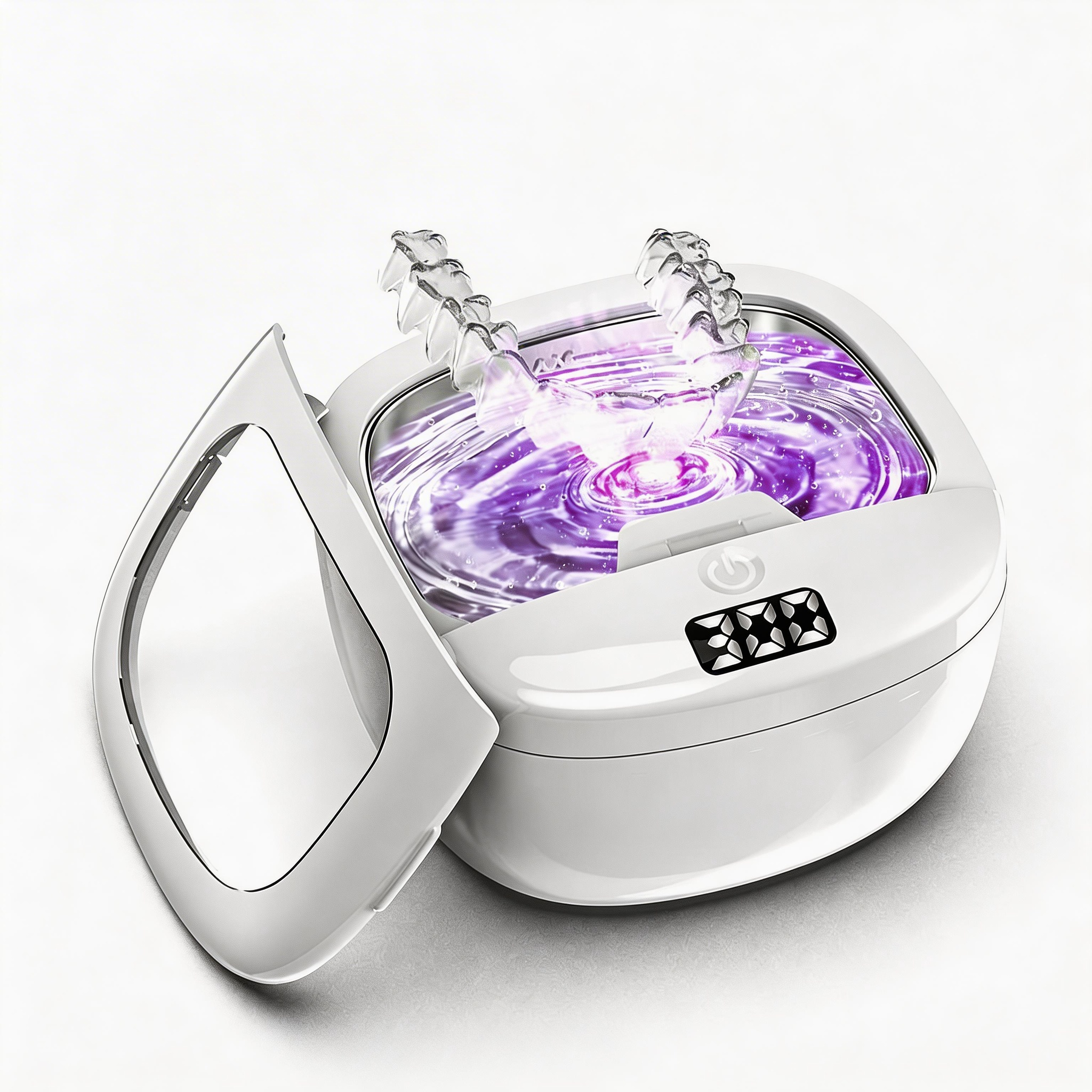 White electronic device with a purple light on a white background