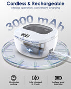 USB-C rechargeable cleaner infographic with 3000mAh battery, runtime and battery indicator