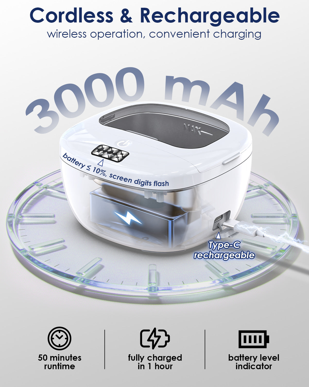 USB-C rechargeable cleaner infographic with 3000mAh battery, runtime and battery indicator