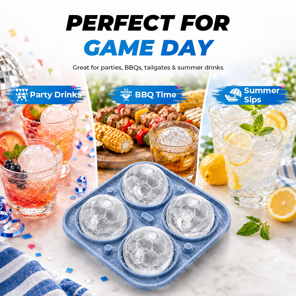 Soccer ball ice mold serving party, barbecue and summer drinks