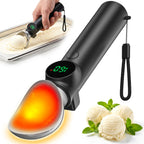 Black rechargeable heated ice cream scoop with LED display for hard ice cream and frozen desserts