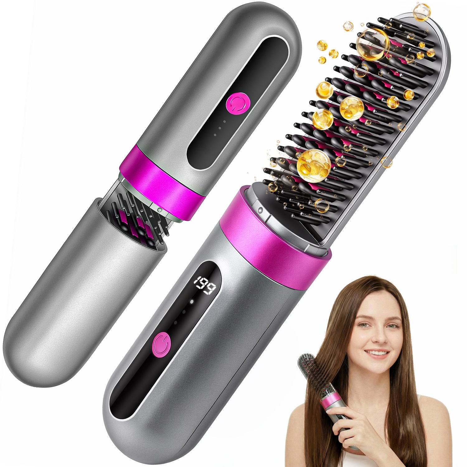 Cordless hair straightener brush for travel and touch-ups