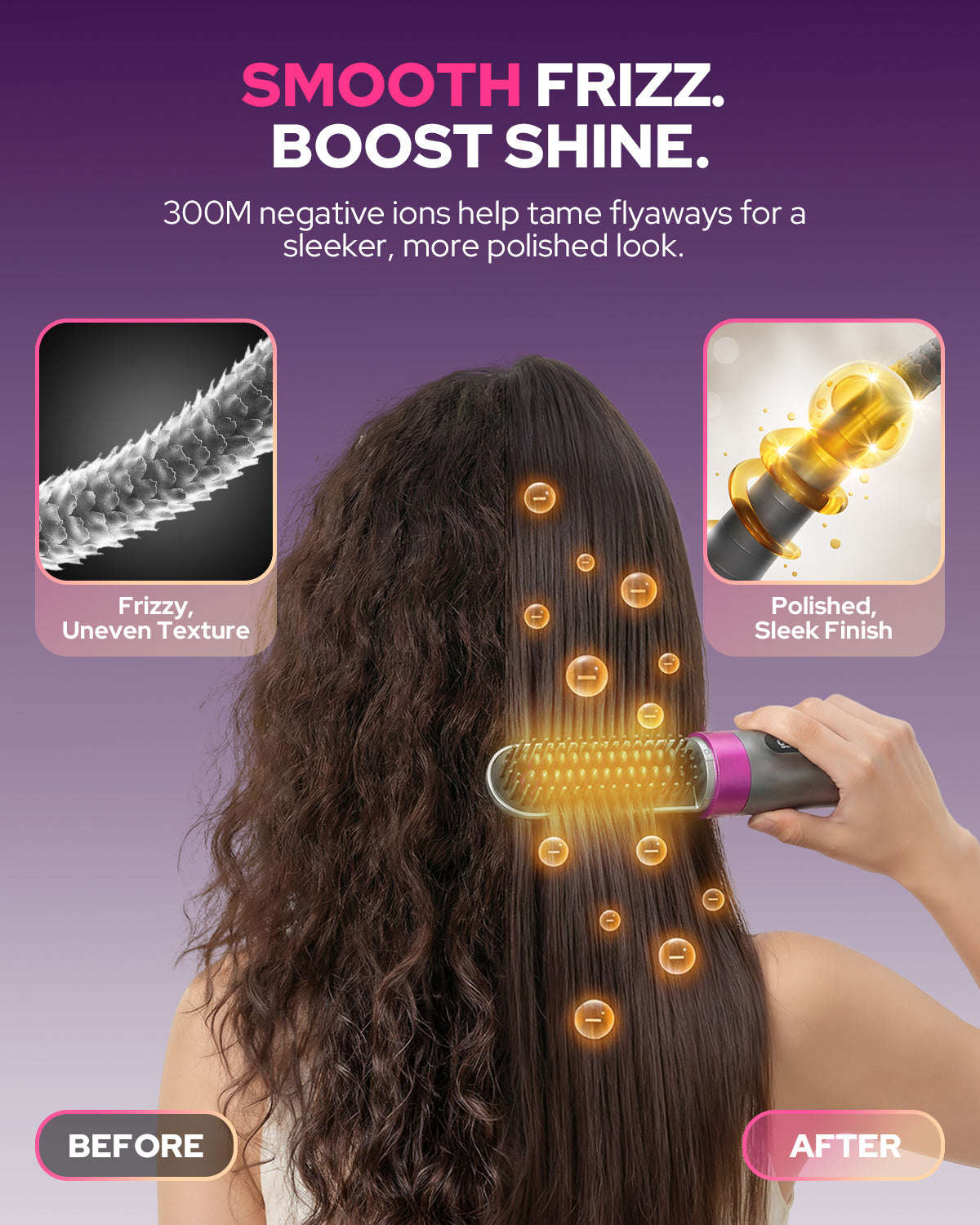 Hair straightener brush infographic showing a smoother styled finish