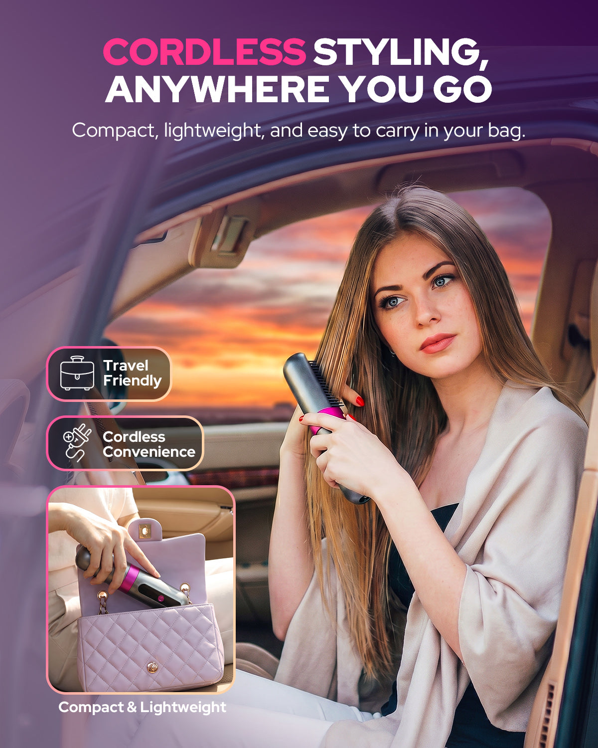 Compact cordless hair straightener brush shown in a travel bag and in use