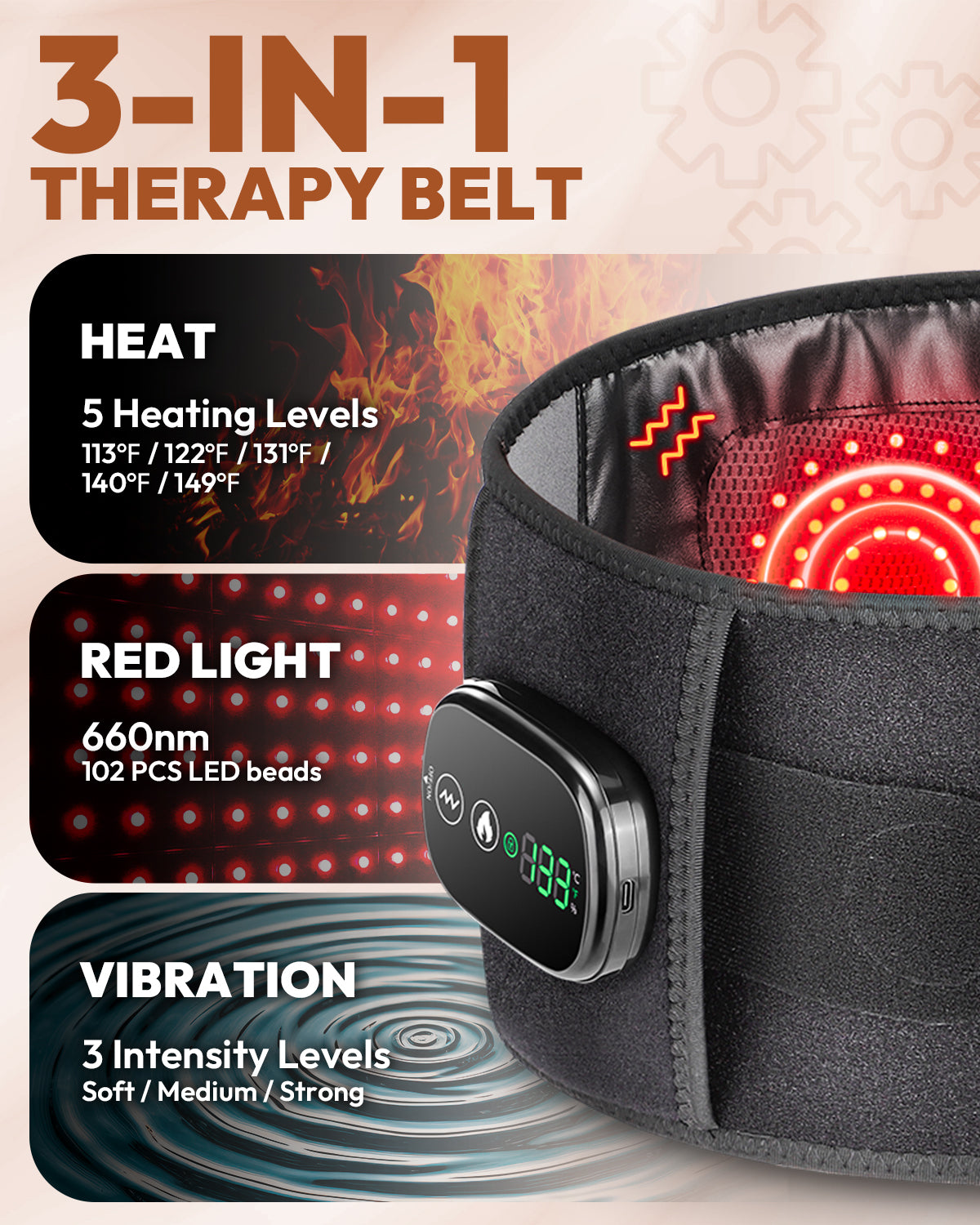 Infrared Red Light Therapy Belt with Heat & Vibration – Cordless Back & Waist Massager