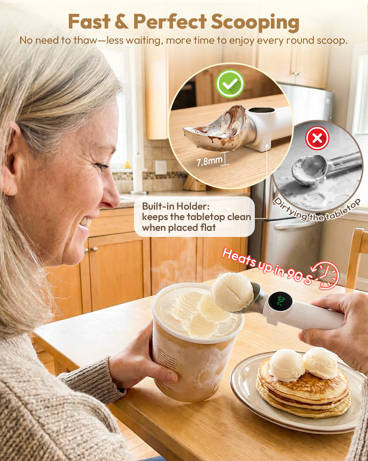 Rechargeable heated ice cream scoop warming up in 90 seconds with built-in stand for cleaner countertop use
