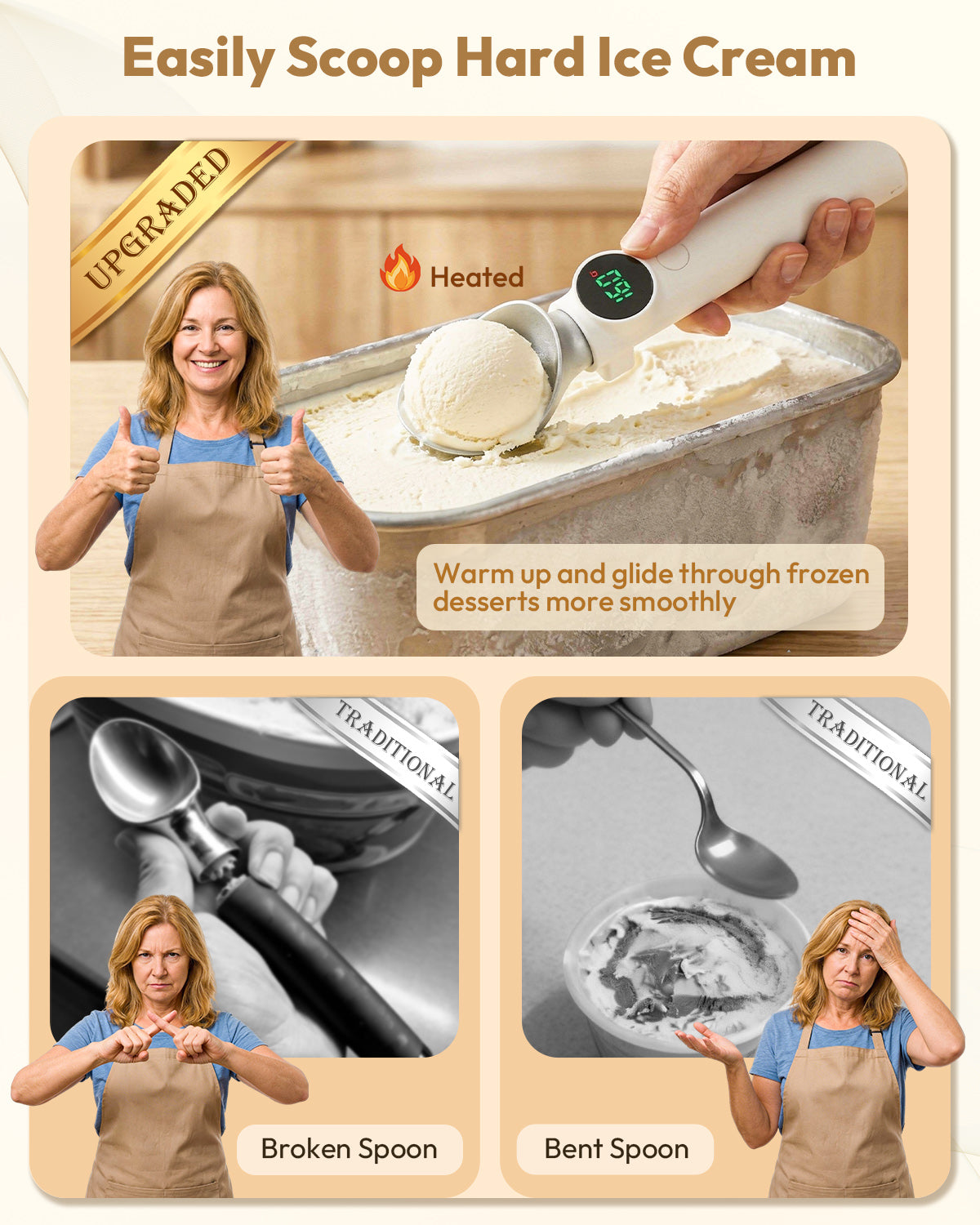 Comparison image showing heated ice cream scoop gliding through hard ice cream more easily than a traditional scoop