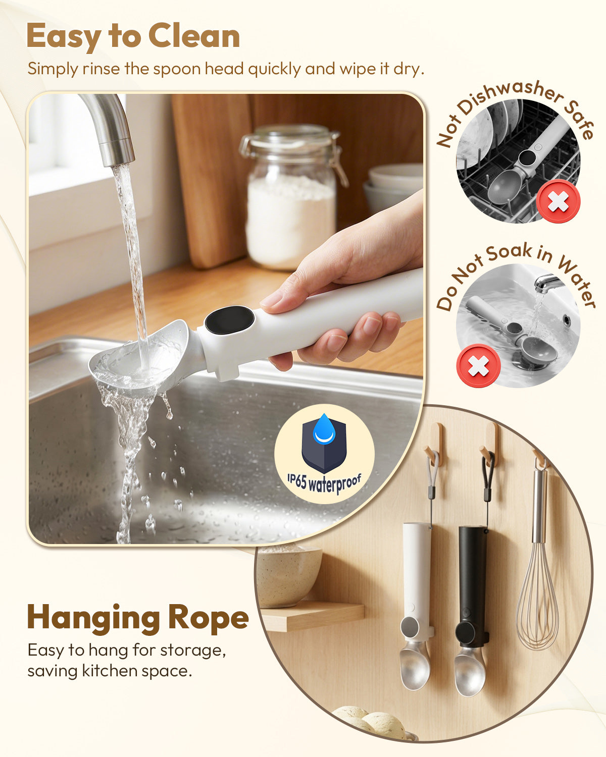 IP65 waterproof heated ice cream scoop being rinsed clean with hanging loop for easy kitchen storage