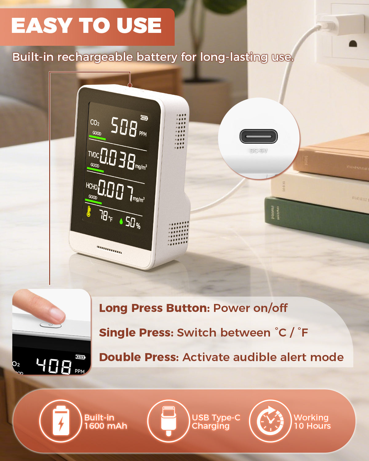 Portable 5-in-1 Indoor Air Quality Monitor for Home