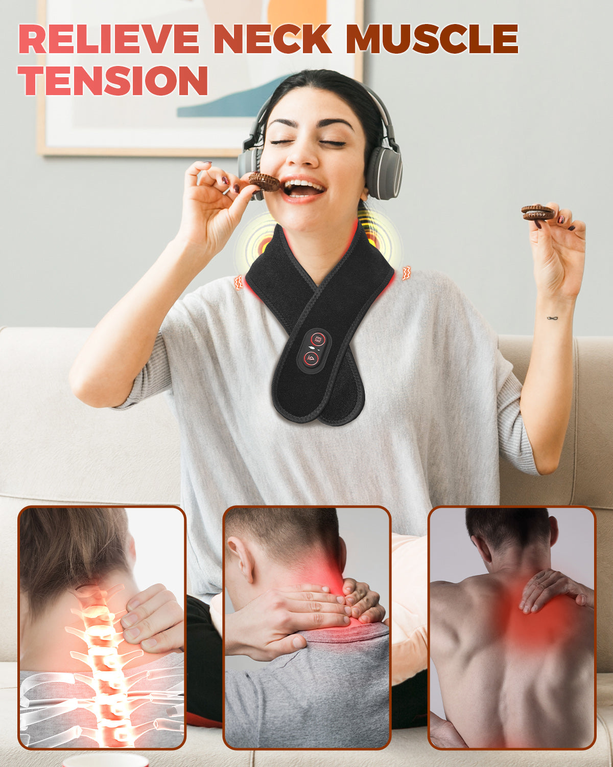 660nm & 850nm Red Light Therapy Neck Wrap with Heat & Vibration Massage