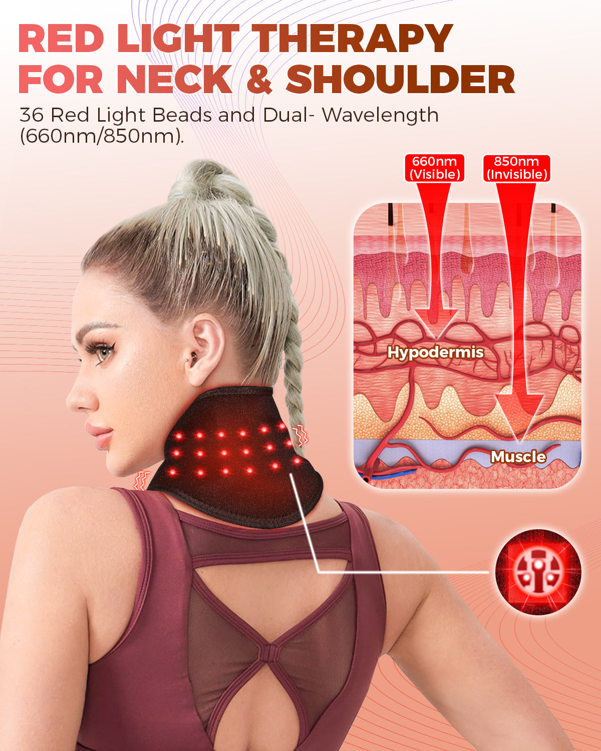 660nm & 850nm Red Light Therapy Neck Wrap with Heat & Vibration Massage