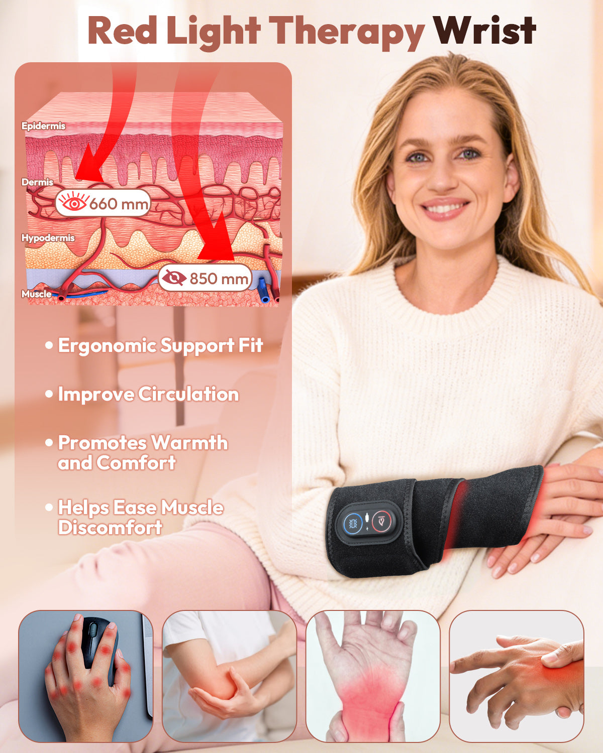 660nm & 850nm Infrared Red Light Therapy Wrist Wrap with Heat & Vibration