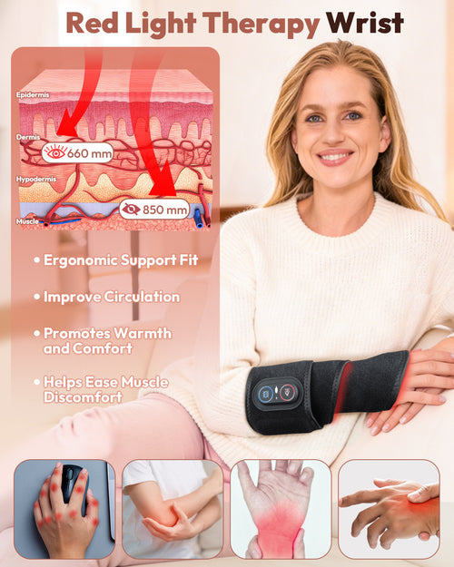 660nm & 850nm Infrared Red Light Therapy Wrist Wrap with Heat & Vibration