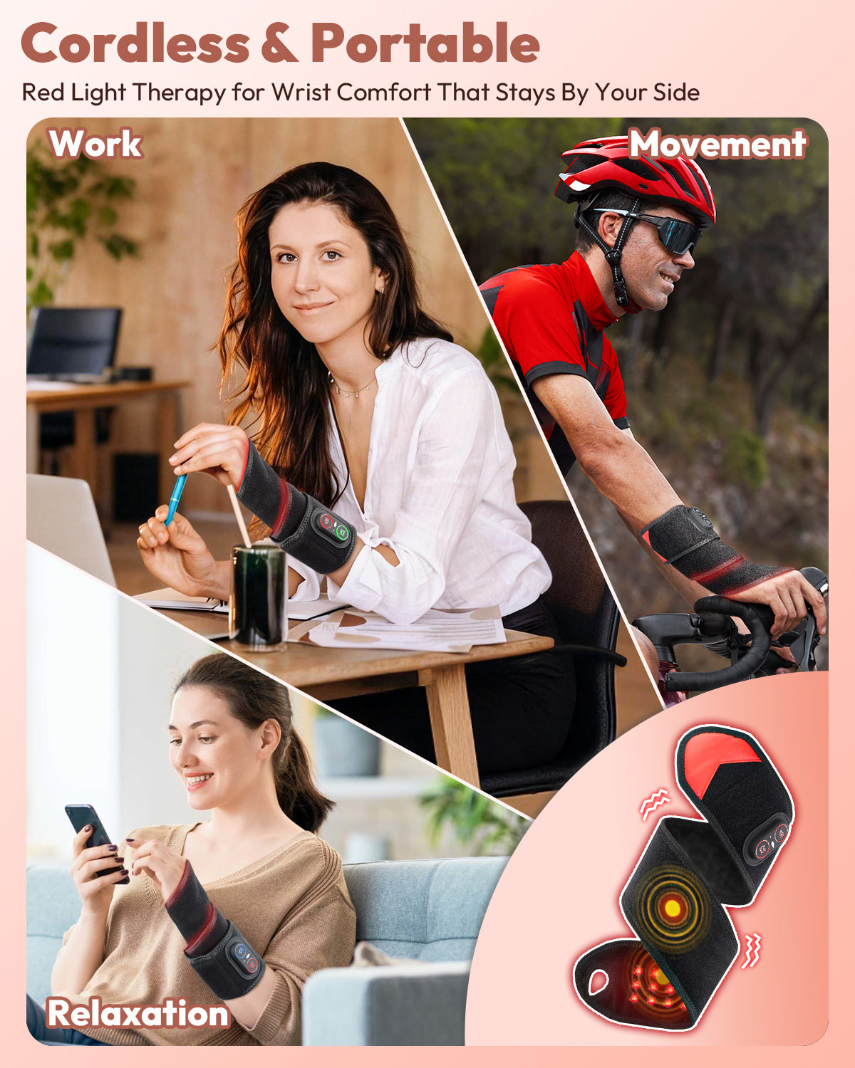 660nm & 850nm Infrared Red Light Therapy Wrist Wrap with Heat & Vibration