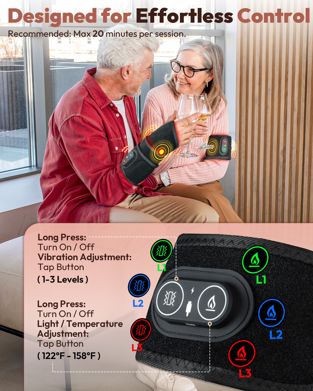 660nm & 850nm Infrared Red Light Therapy Wrist Wrap with Heat & Vibration