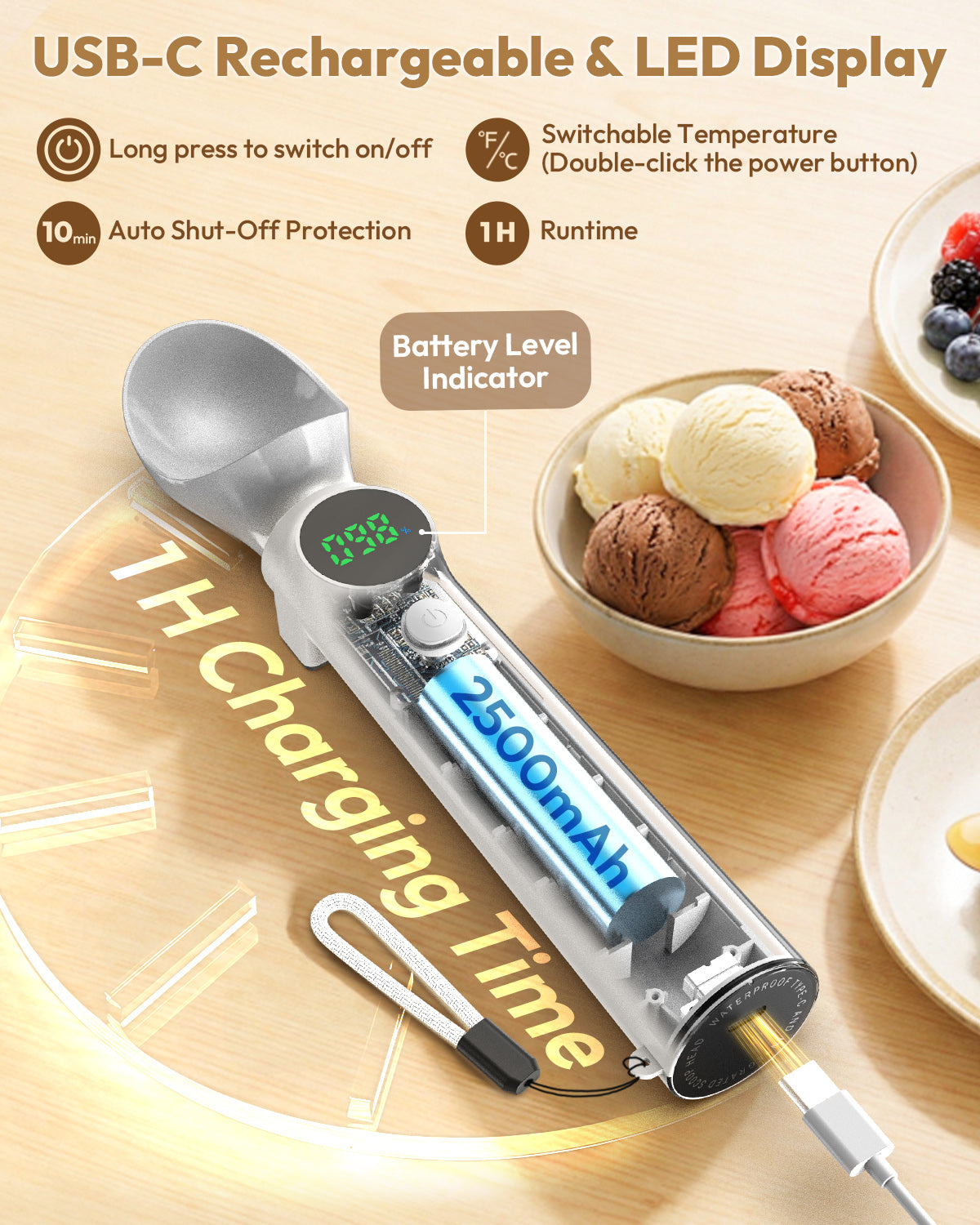 Electric heated ice cream scoop with USB-C charging, LED display, 2500mAh battery, 1 hour runtime, and auto shut-off