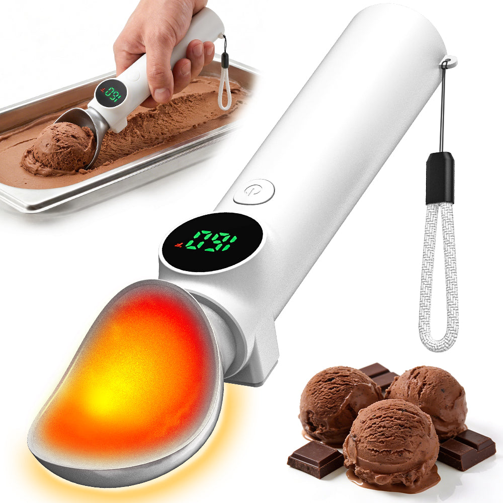 White rechargeable heated ice cream scoop with LED display for hard ice cream and frozen desserts