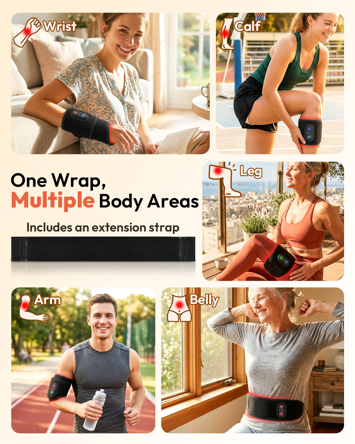 Wrist wrap and extension strap shown on the wrist, calf, leg, arm and waist