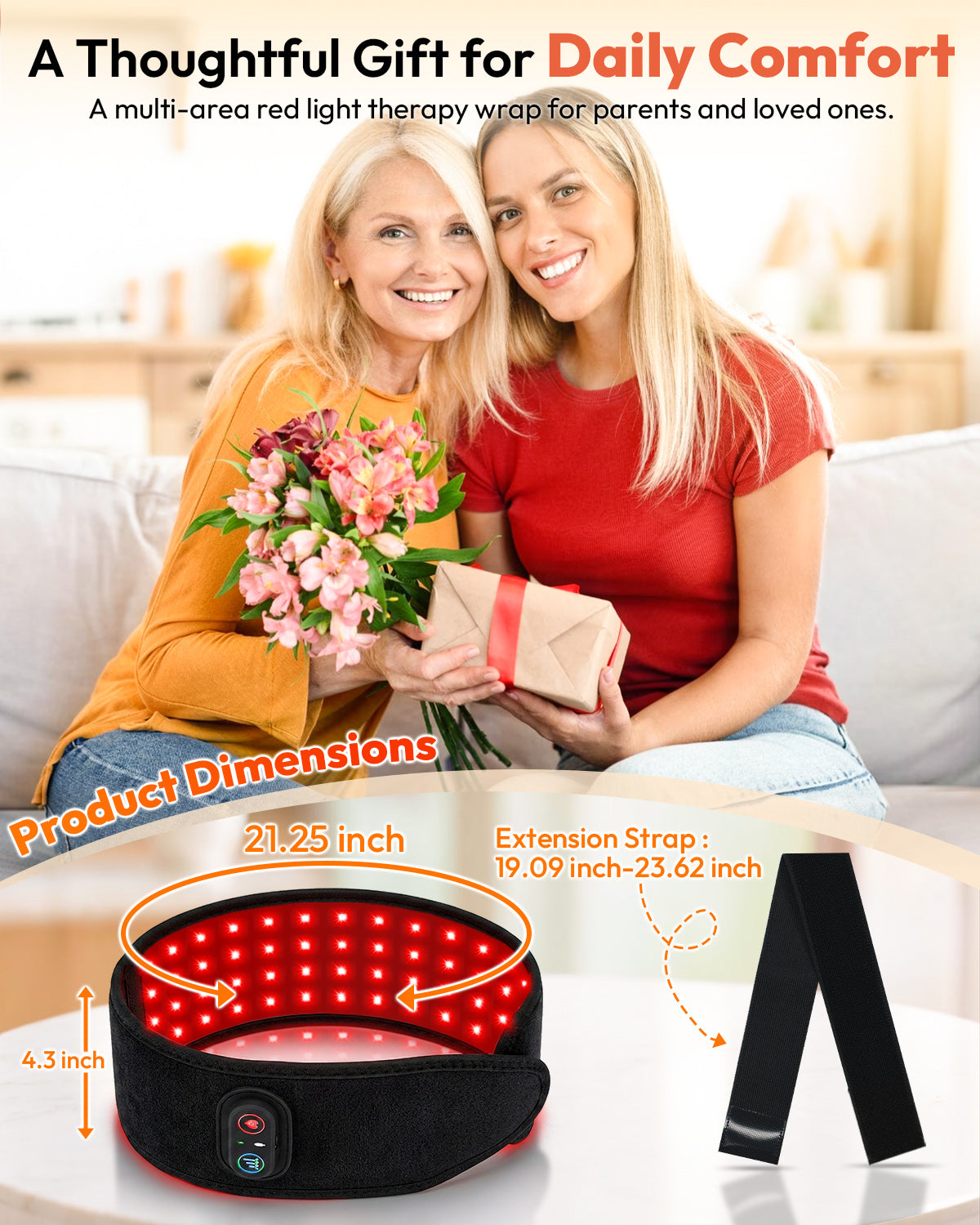 Gift-oriented graphic showing the wrist wrap dimensions and extension strap